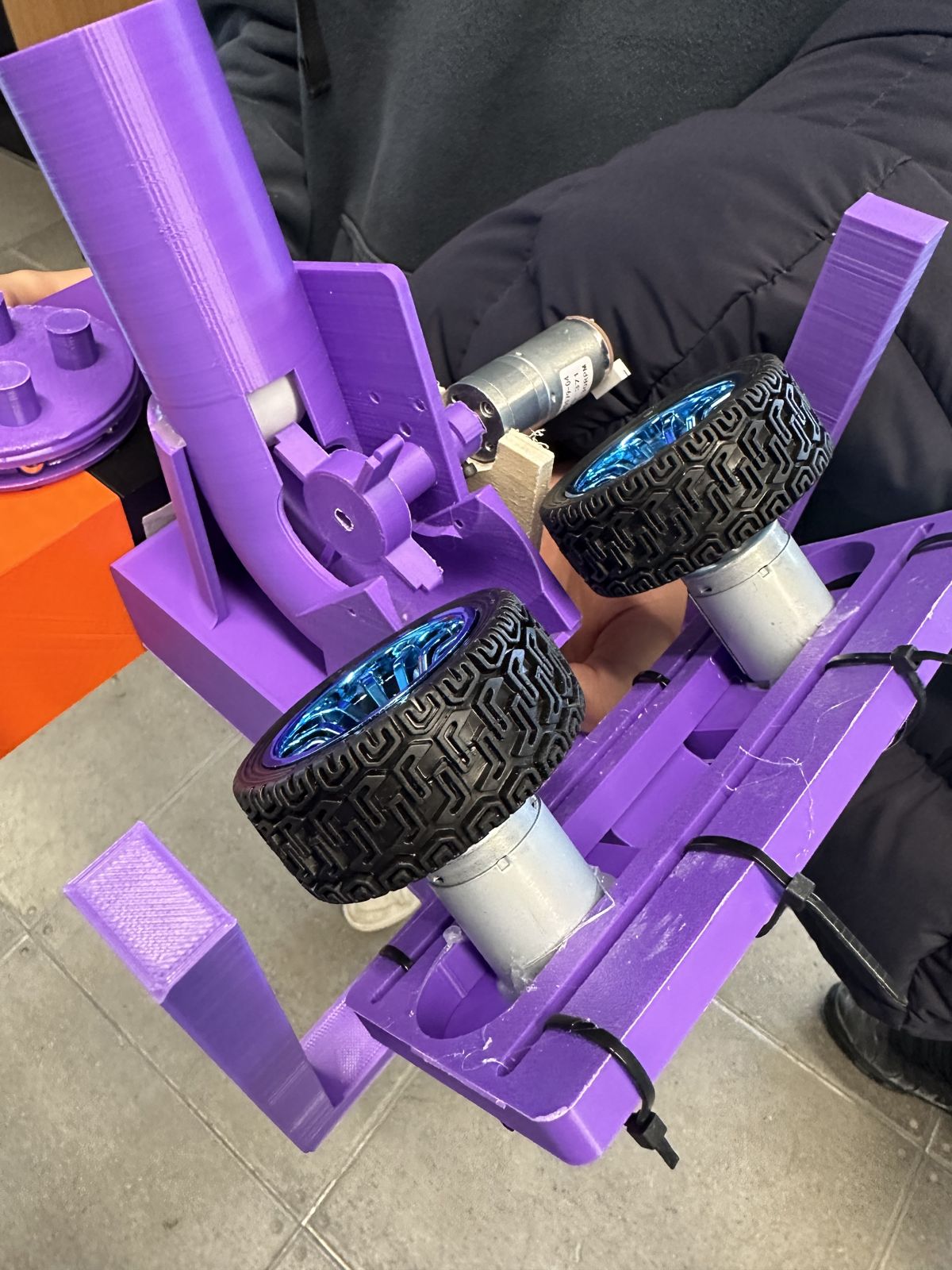 The robot's purple 3D-printed frame, launch tube and twin flywheel motors