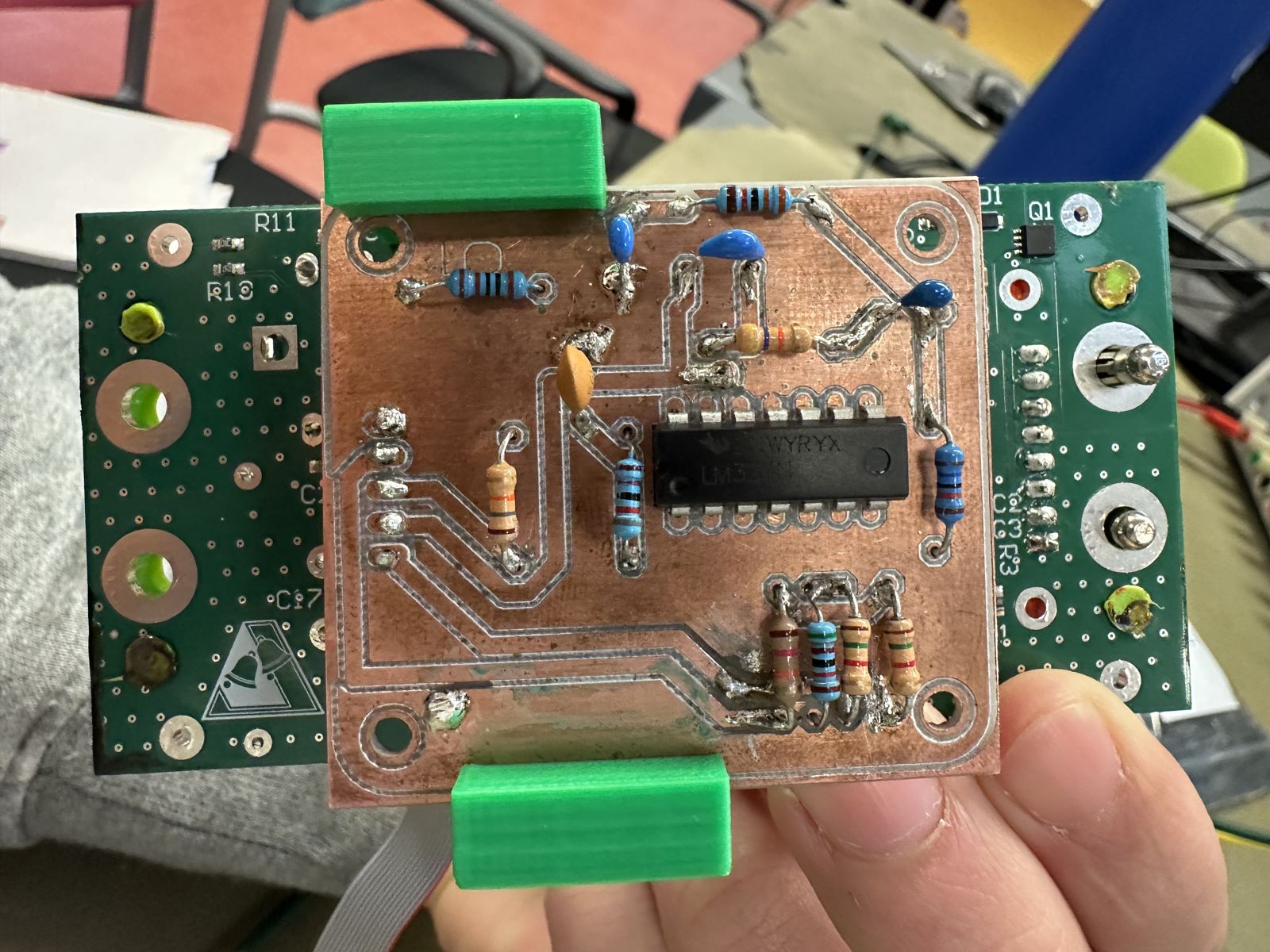 My hand-soldered op-amp board mounted on the back of the main PCB