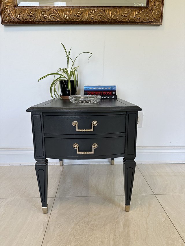 Restored side table in black, front view