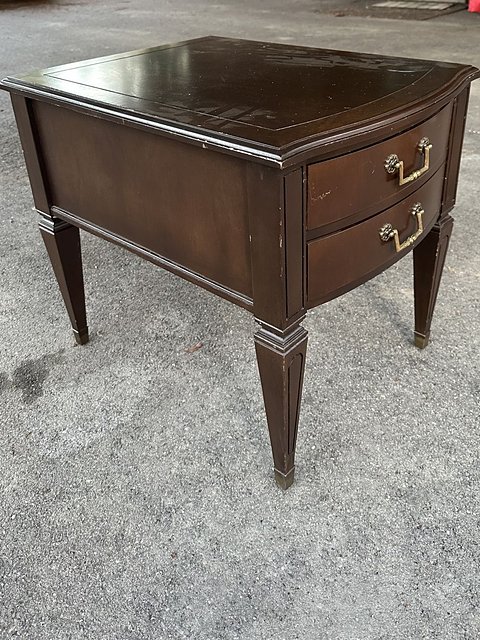Side table before restoration, scratched dark wood finish