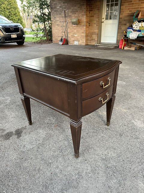 Side table before restoration, scratched dark wood finish